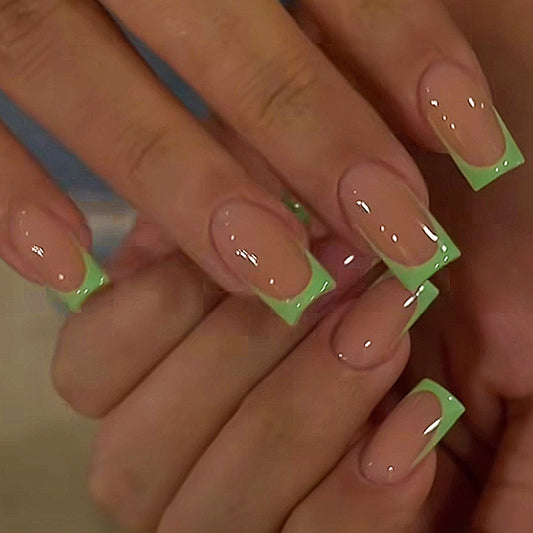 Charming Garden Short Square Press On Nail Set in Natural Pink and Vibrant Green Tips for a Fresh Floral Style