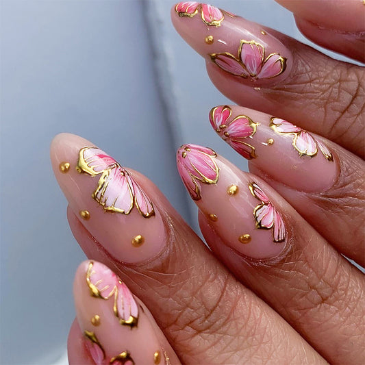 Enchanting Floral Aura Medium Almond Shaped Soft Pink with Gold Accents Nail Set