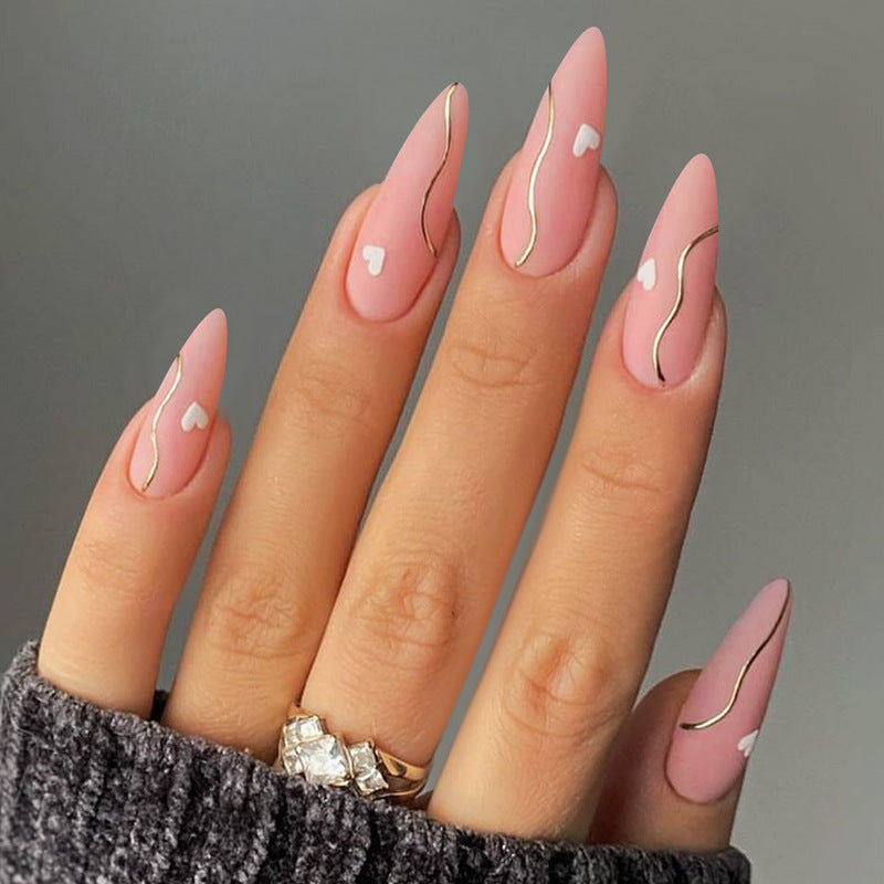 Chic Heartfelt Dreams Long Almond Pink Press On Nail Set with Gold Swirl Accent