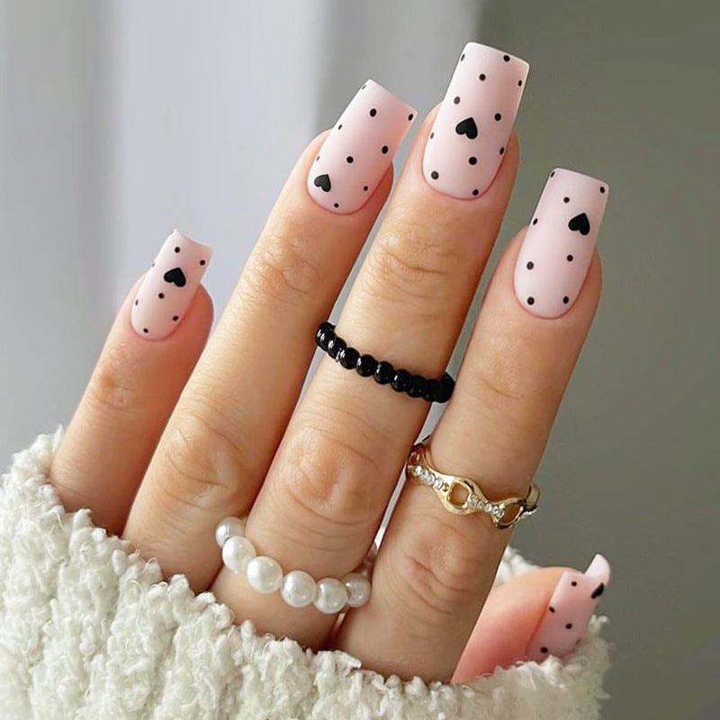 Charming Romance Square Medium Pink Press On Nail Set with Heart and Dot Design
