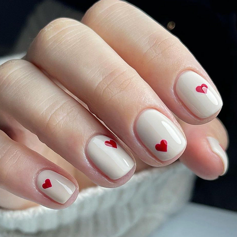 Charming Love Inspired Short Square Press on Nails in Elegant Beige with Heart Accent Designs