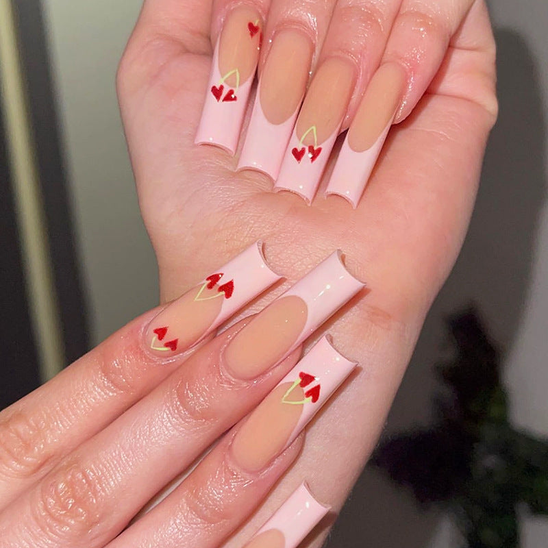 Charming Cherry Blossom Long Square Pink Nails with Heart Designs