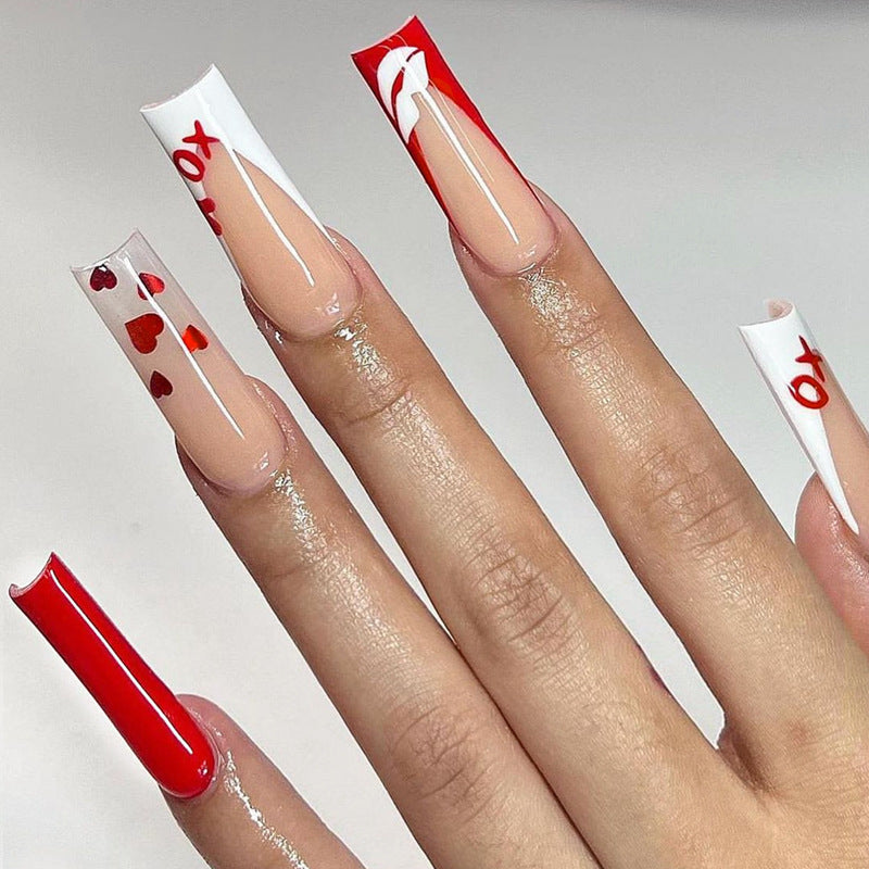 Romantic Red Long Square Nail Set with Heart and Kiss Patterns for Effortless Style
