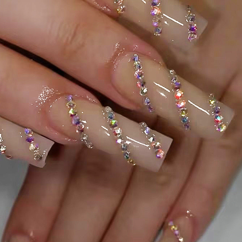 Glamorous Elegance Long Square Beige Press-On Nail Set with Sparkling Rhinestone Accents