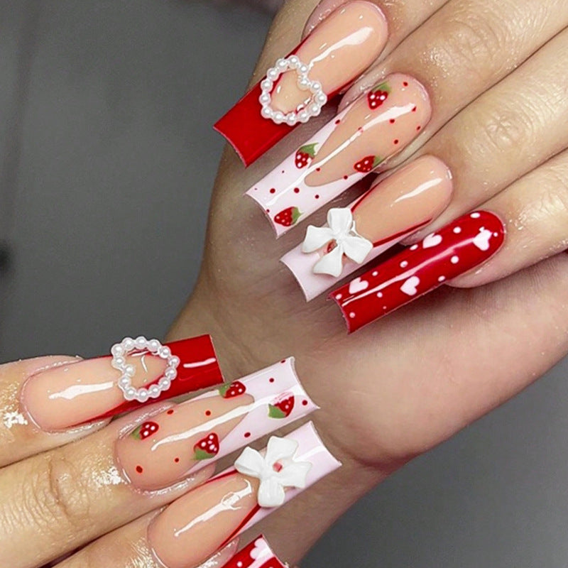 Charming Strawberry Delight Long Square Red and Pink Press on Nail Set with Decorative Hearts and Bows