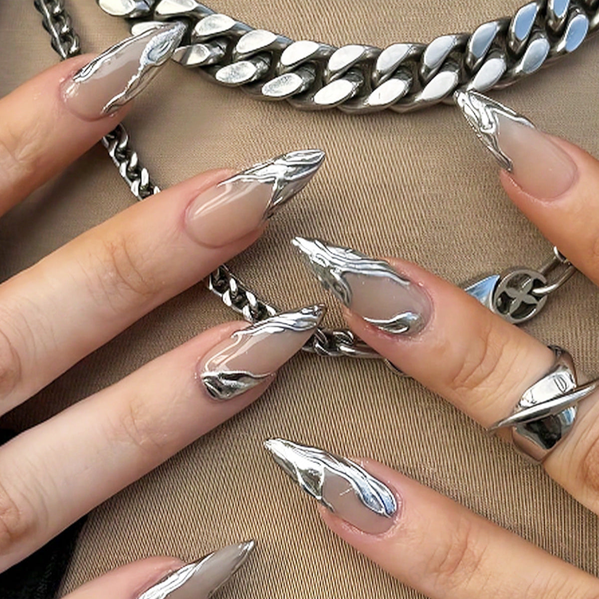 Glamorous Edge Medium Stiletto Beige and Silver Abstract Design Nail Set