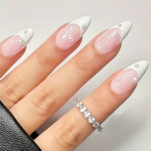 Elegant Dreamy Pink Medium Almond Press On Nail Set with Glossy Tip and Pearl Accents