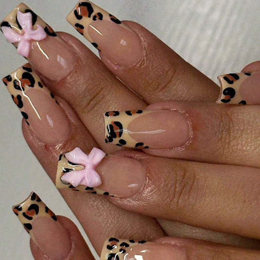 Wild Safari Square Medium Beige Leopard Print Press On Nail Set with Charming Pink Bow Detail