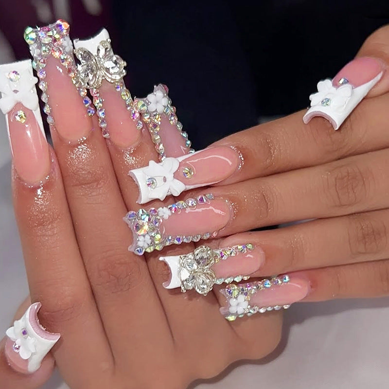 Whimsical Dream Garden Long Square Pink Press On Nail Set Featuring Dazzling Rhinestone Accents
