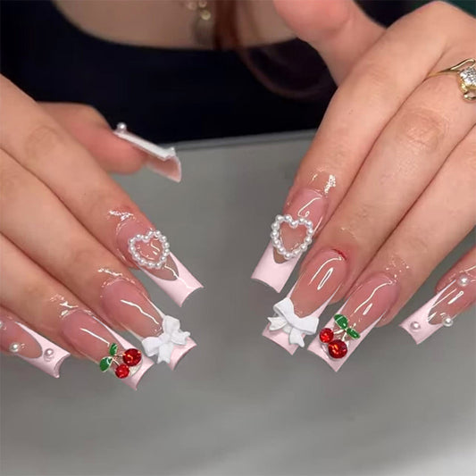 Charming Romance Long Square Pink Press On Nails with Pearl and Bow Accents