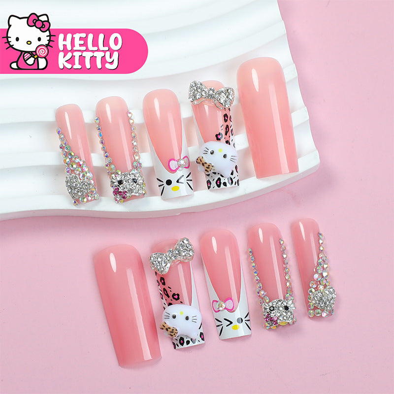 Hello Kitty Inspired Long Square Pink Press On Nail Set With Adorned Bow And Sparkling Accents