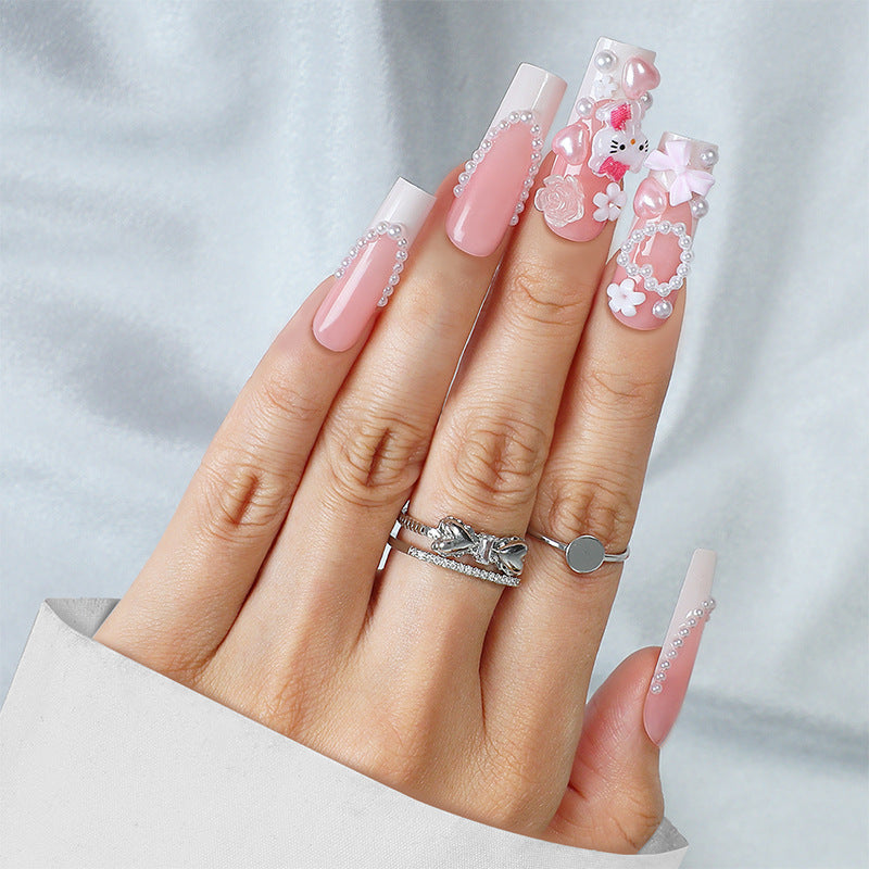 Charming Blossom Press On Nail Set Long Square Pink With Decorative Charms And Pearls
