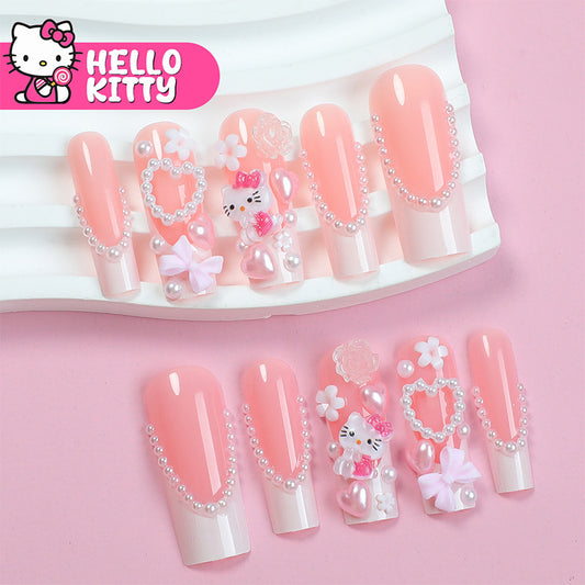 Hello Kitty Inspired Long Square Pink Press On Nail Set With Cute Pearl And Gem Accents