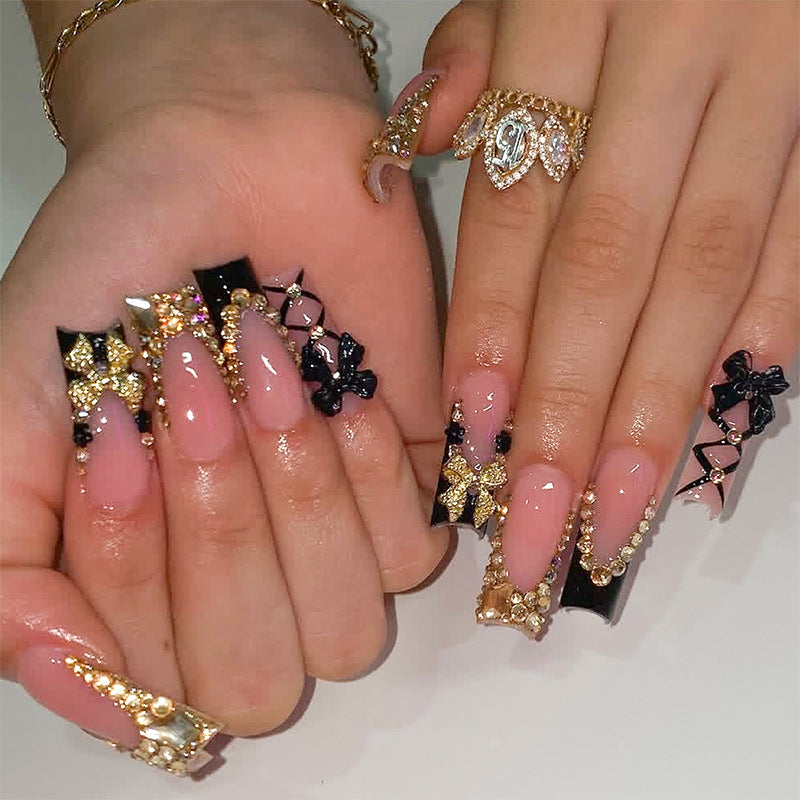 Glamorous Elegance Long Square Black and Gold Press On Nail Set with Stunning Jewel Accents