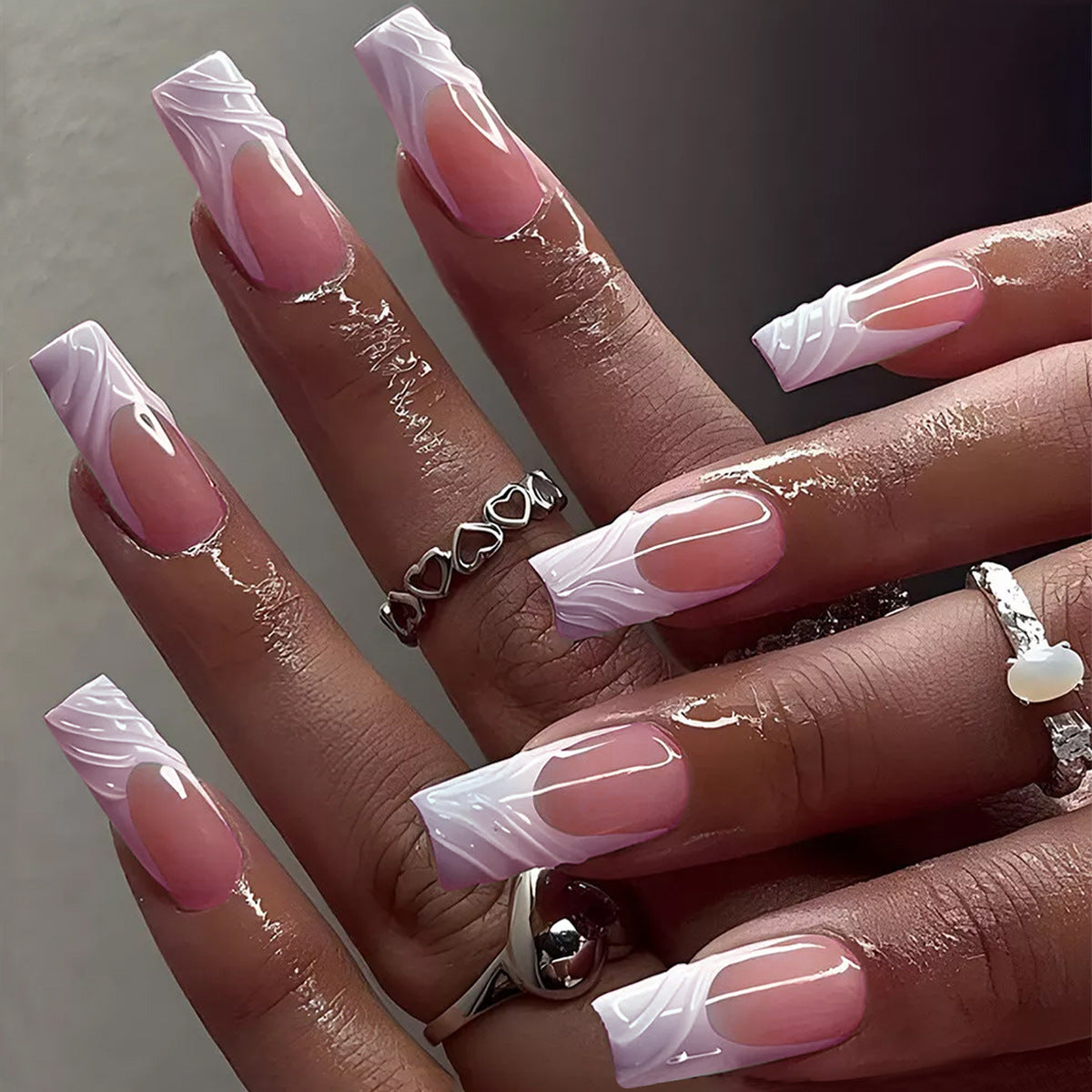 Elegant Dreamscape Medium Square Pink with Textured Design Press On Nail Set