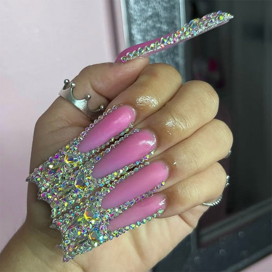 Glamorous Pink Long Square Shaped Gel Press On Nails with Sparkling Rhinestone Detailing