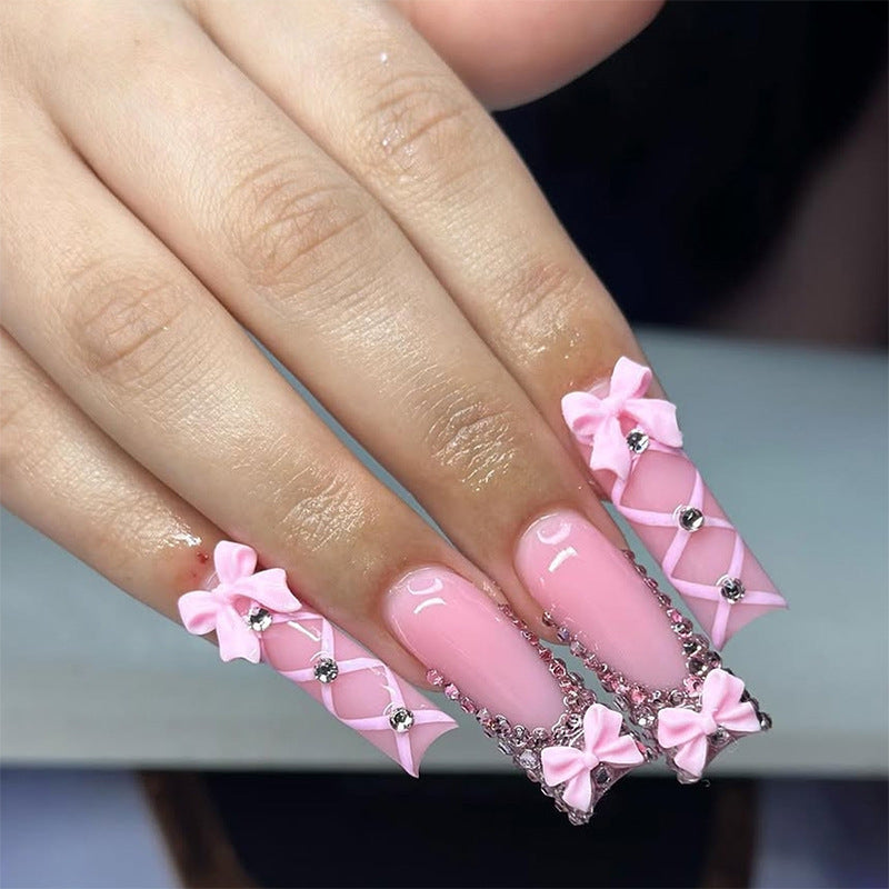 Whimsical Pink Glove Long Square Nail Set with Delicate Ribbon Accents and Jewel Embellishments