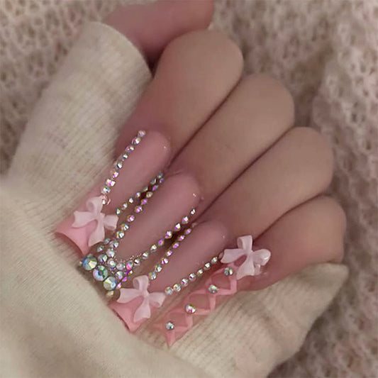 Whimsical Romance Long Square Pink with Rhinestones and Charming Bows Press-On Nail Set