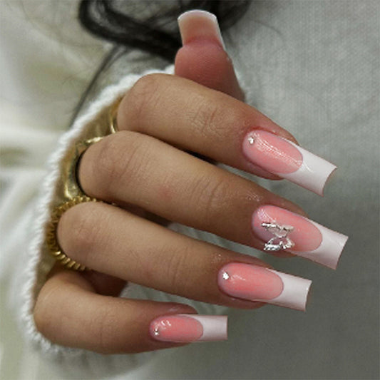 Chic Elegance Medium Square Pink and White Ombre Press On Nail Set with Glittering Jewel Accent