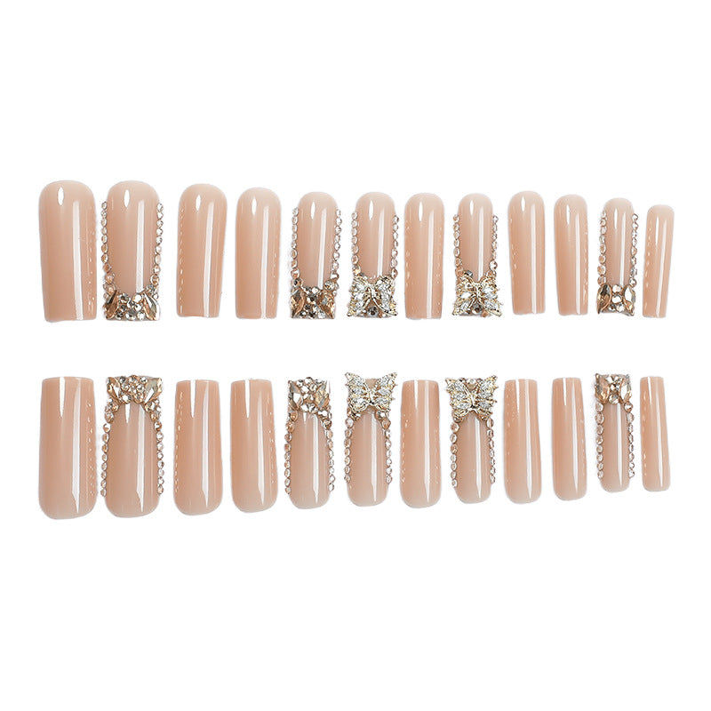 Elegant Glamour Long Square Blush Pink Press-On Nails with Sparkling Gem Accents