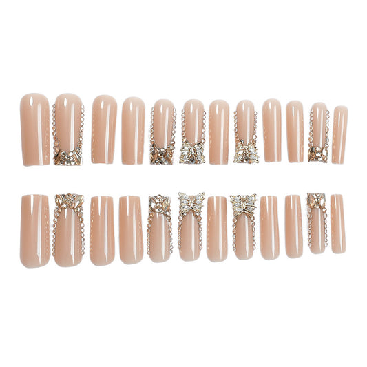 Elegant Glamour Long Square Blush Pink Press-On Nails with Sparkling Gem Accents
