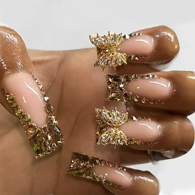 Glamorous Garden Long Square Emerald Green and Gold Embellished Press On Nail Set