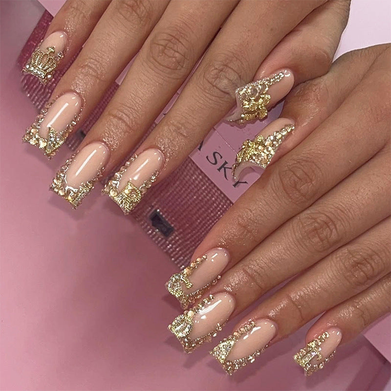 Glamorous Royal Elegance Long Square Beige with Shimmering Gold Embellishments Press-On Nail Set