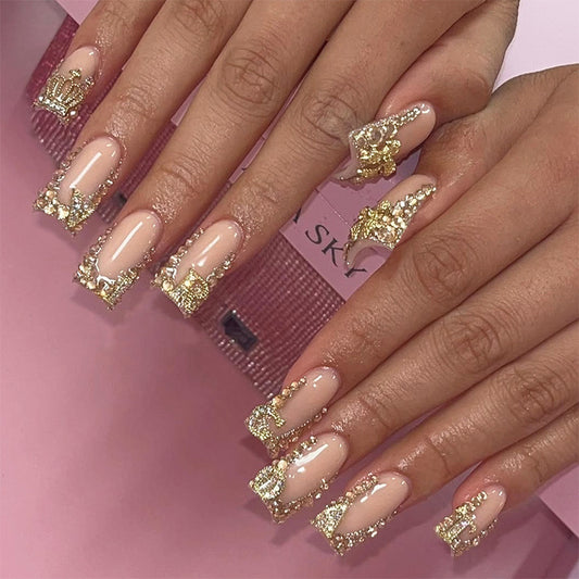Glamorous Royal Elegance Long Square Beige with Shimmering Gold Embellishments Press-On Nail Set