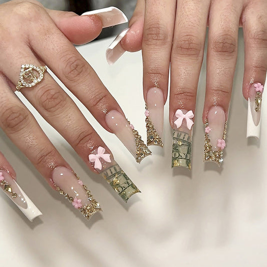 Glamorous Elegance Long Square Clear with Metallic Accents and Floral Embellishments Press On Nail Set