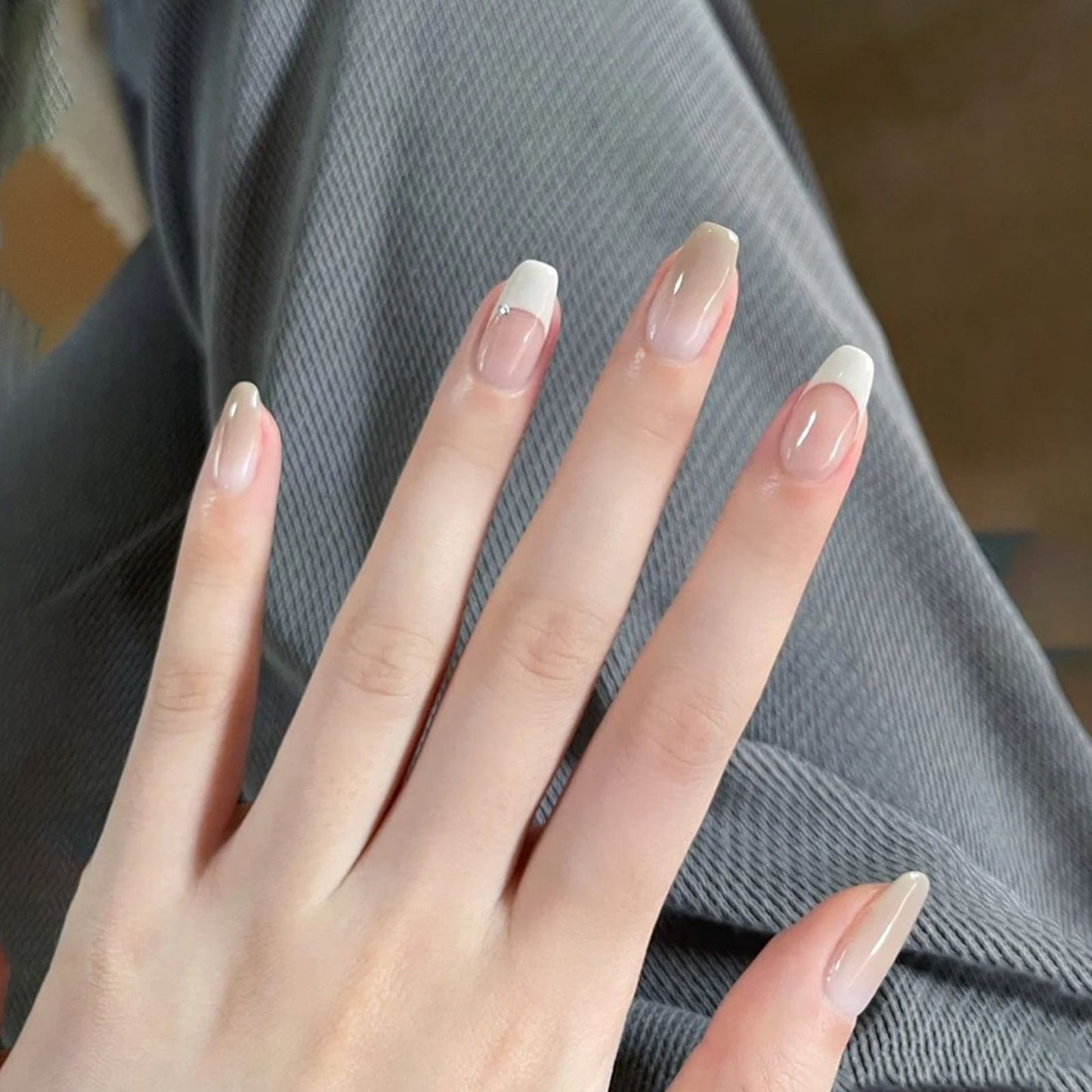 Elegant Garden Press On Nail Set Long Coffin Shape Beige and White Color with Dainty Rhinestone Accent