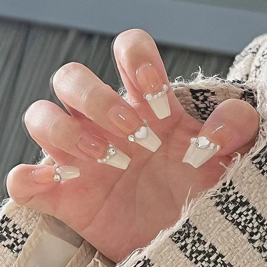 Elegant Bridal Collection Extra-Long Coffin Clear Press On Nails with Rhinestone Accents