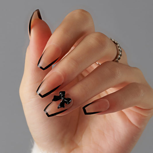 Chic Elegance Long Coffin Press On Nail Set Transparent with Black Tips and Bow Accent