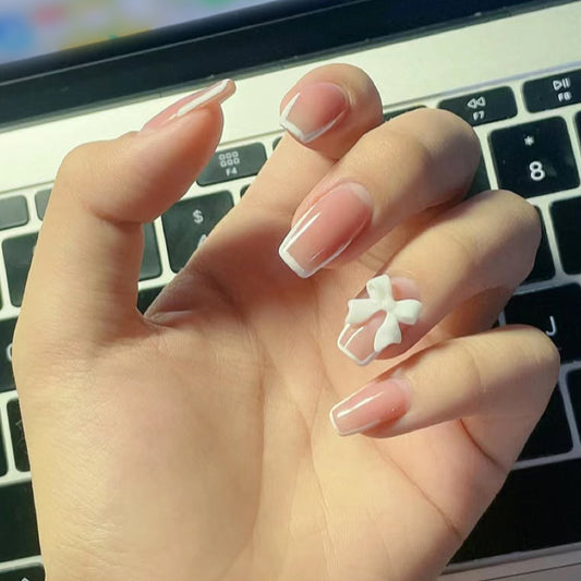 Elegant Office Chic Long Coffin Beige Pink Press On Nails with Floral Accent Design