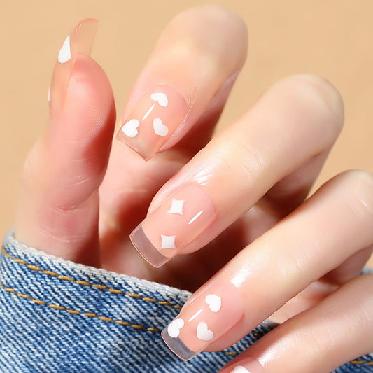 Enchanted Romance Medium Square Peach Press On Nail Set with White Heart Accents