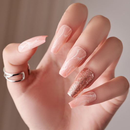 Elegant Marble Fantasy Long Coffin Blush Pink Nails with Shimmering Rose Gold Accent