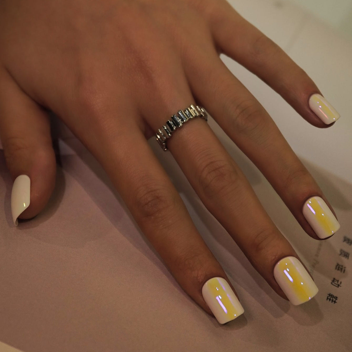 Elegant French Manicure Medium Square Beige and White Press On Nails Set with Glossy Finish