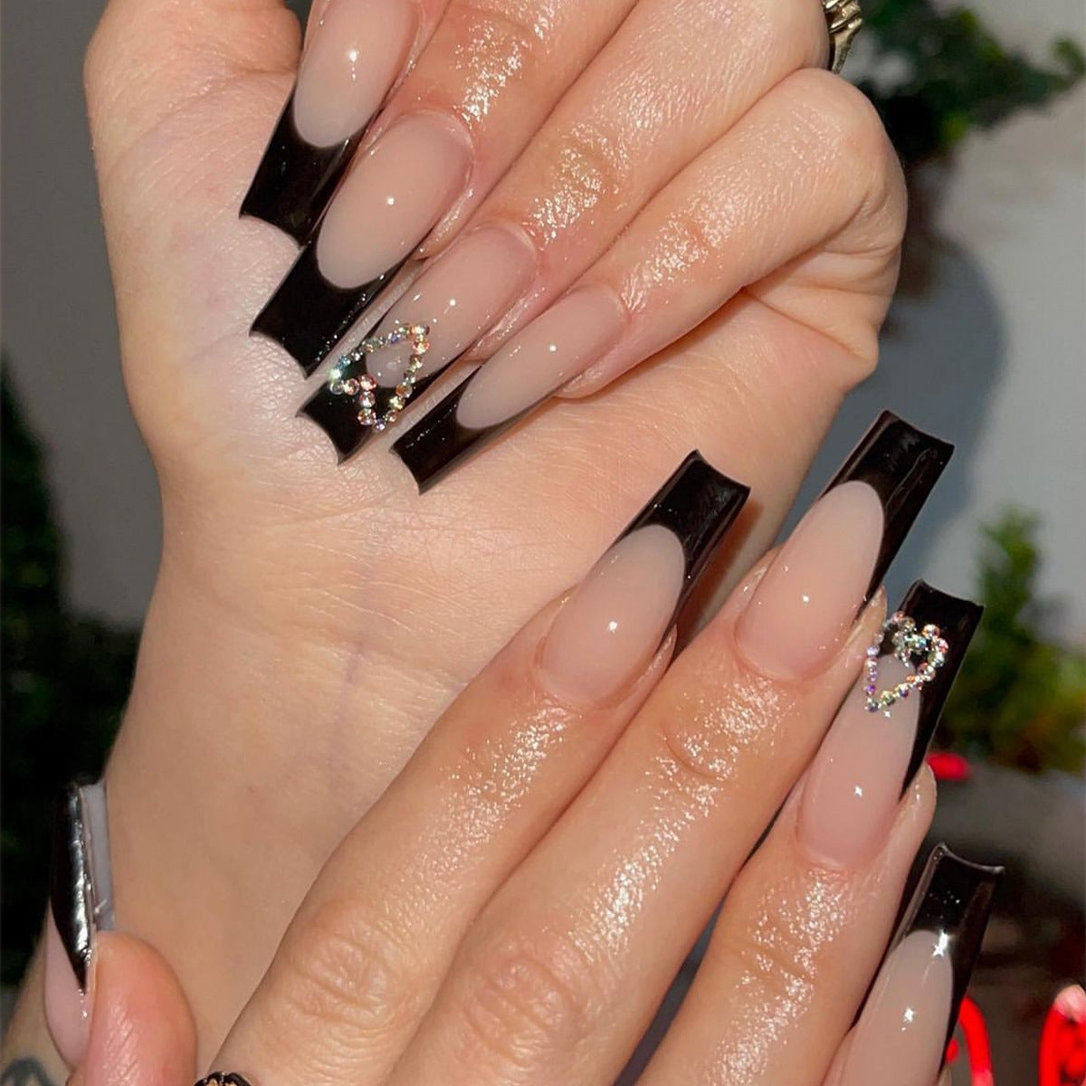 Mystique Glamour Long Coffin Ombr√© Black Press-On Nails with Crystal Accents
