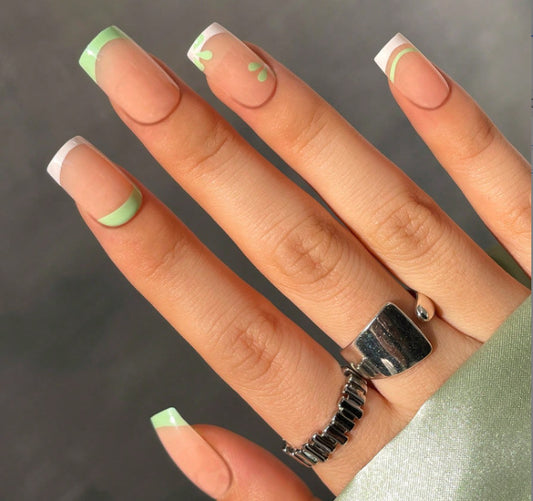 Fresh Spring Vibes Long Square Mint Green and White Press On Nail Set with Cute Floral Accents