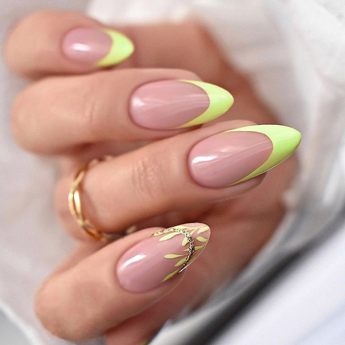 Tropical Bliss Elegant Short Almond Beige and Neon Green Gradient Nail Set with Floral Accent