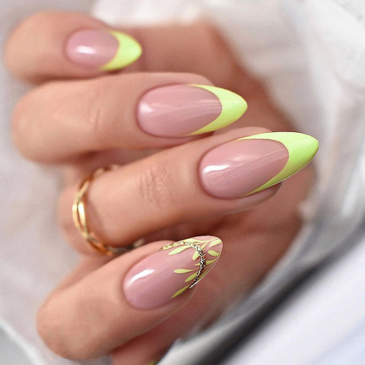 Tropical Bliss Elegant Short Almond Beige and Neon Green Gradient Nail Set with Floral Accent