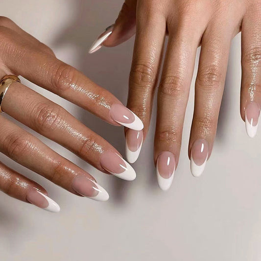 Glamorous Elegance Medium Almond Shaped Soft Pink with Chic White Tips Press On Nail Set
