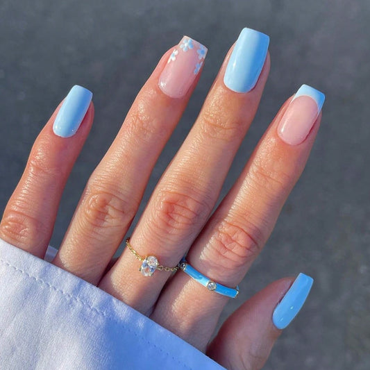 Sky Bliss Medium Square Pastel Blue and Pink Ombre Press On Nails with Delicate Floral Accents