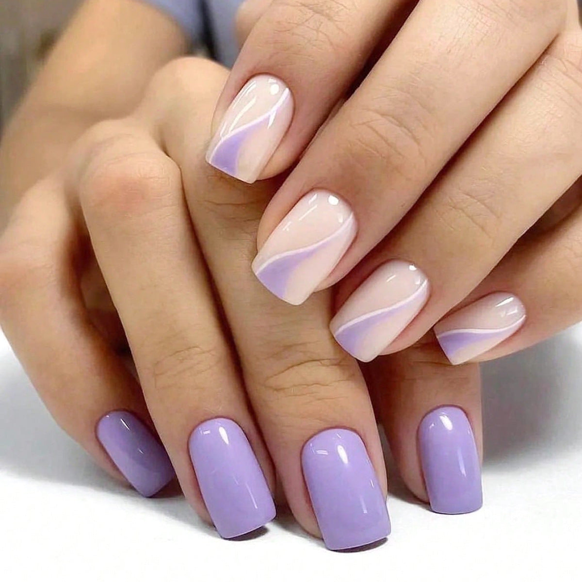 Lavender Dreams Medium Square Purple Press On Nail Set with Glossy Finish and Marble Swirl Accents