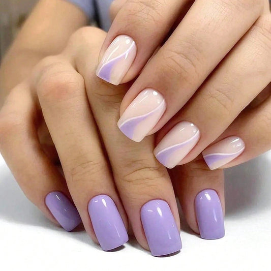 Lavender Dreams Medium Square Purple Press On Nail Set with Glossy Finish and Marble Swirl Accents