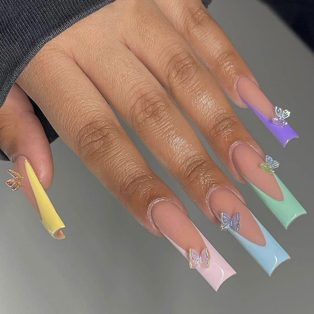 Butterfly Dream Press On Nails Long Square Pastel Multi-Colored with 3D Butterfly Charms