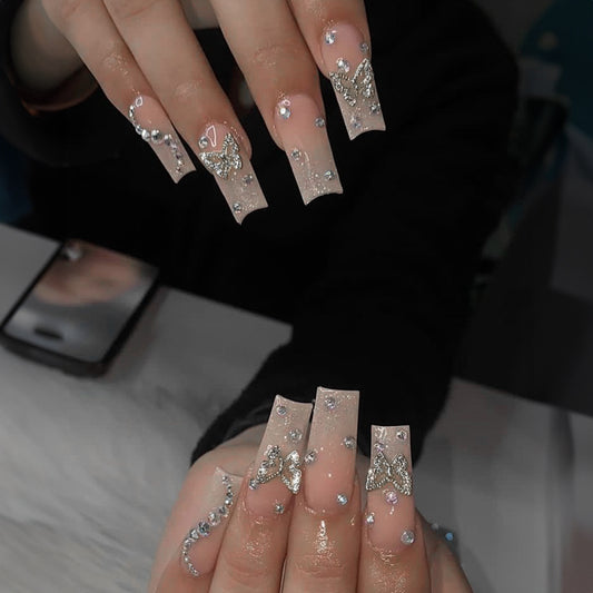 Butterfly Dream Coffin Clear Long Nail Set with Sparkling Rhinestones and Elegant Butterfly Accents