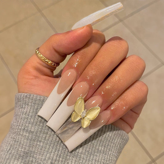 Butterfly Dream Long Square Beige and White Press On Nail Set with Metallic Butterfly Charm