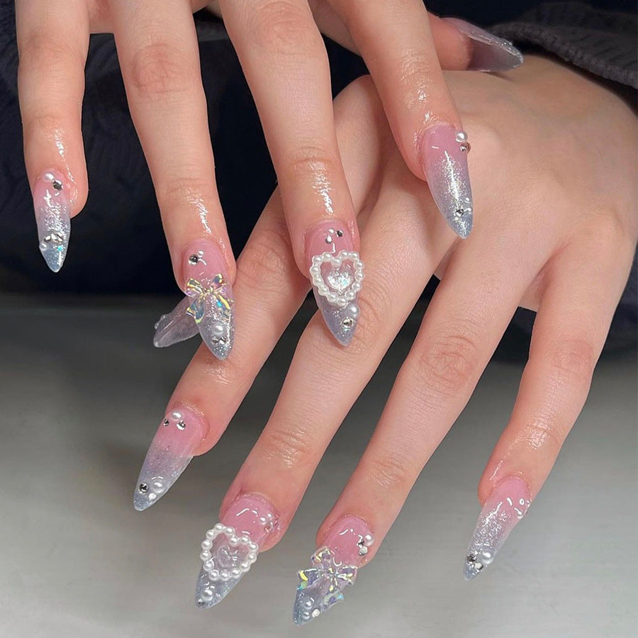 Enchanted Glamour Extra Long Almond Pink to Silver Ombre Press On Nails with 3D Embellishments and Rhinestone Accents