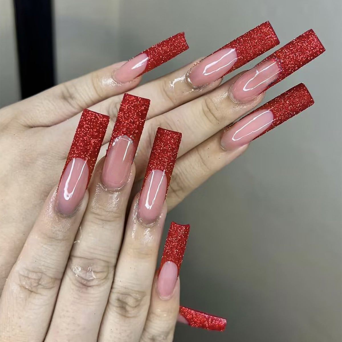 Glamorous Red Glitter Long Square Press On Nail Set with Dazzling Ombre Effect