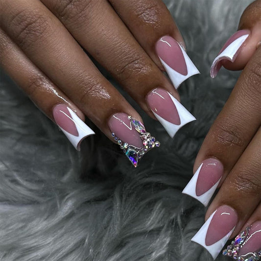 Elegant Bridal Long Duck Pink and White Ombre Press On Nail Set with Rhinestone Accents